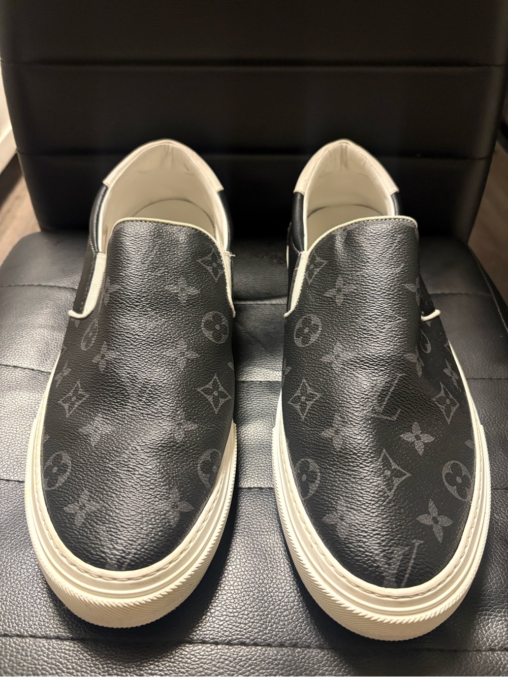 Louis Vuitton Black Monogram Slip-On Sneakers with White Sole